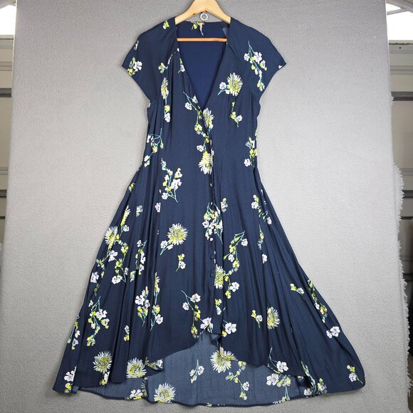 Free People Dress Small Navy Blue/Floral V Neck Button Front High Low Prairie - Picture 1 of 16